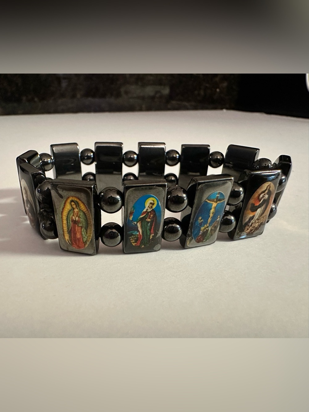 Religious Hematite Stretch Bracelet with Colorful Saint Images